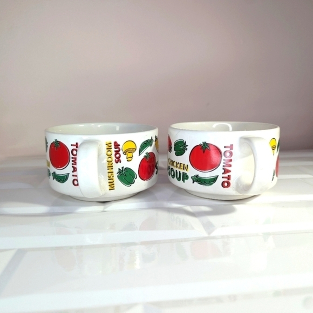 Vintage Houston Harvest Soup Bowls Mugs Stacking Pair Vegetables Set of 2 - Picture 4 of 11